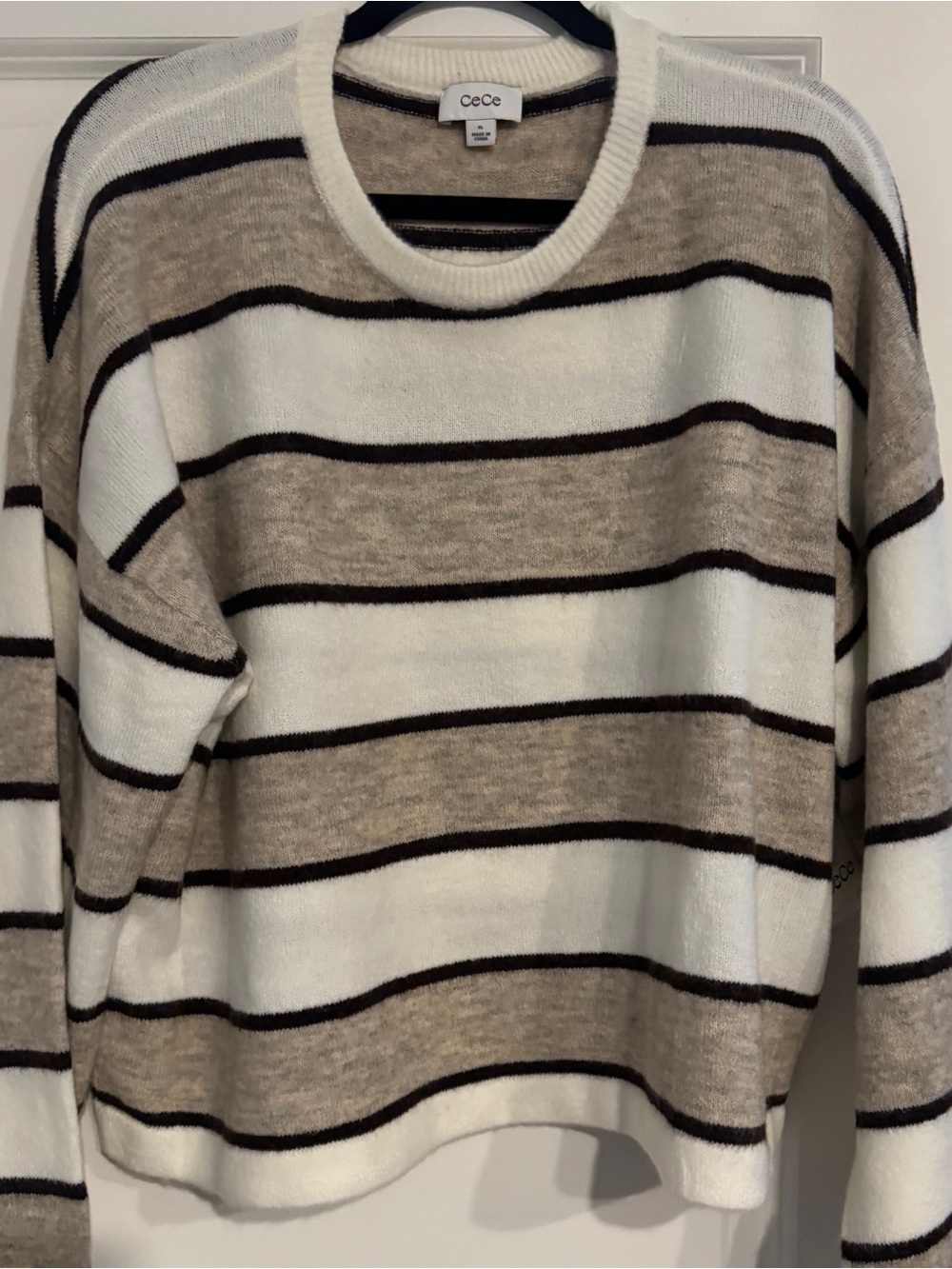 CeCe Cream, Taupe & Brown Striped Crewneck Sweater